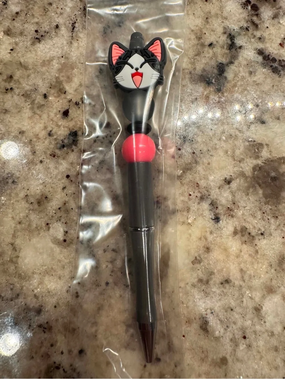 Hand Crafted Gray Cat Head Ballpoint Pen with Pink Accent